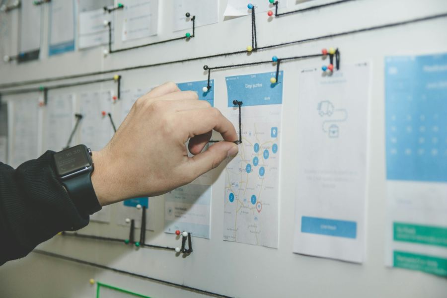 Hand placing a card on a wall-mounted process map